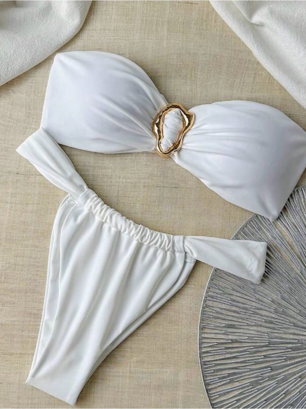 SHEIN White Strapless Bandeau Bikini with Gold Ring Accent